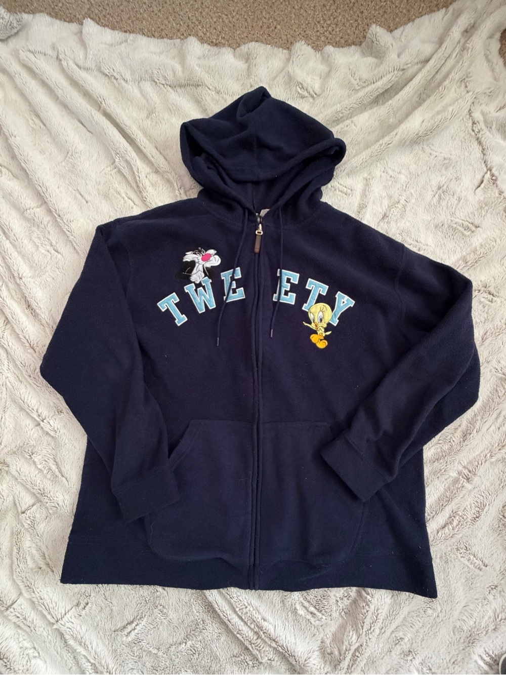 Vintage Y2K Looney Tunes Tweety Sylvester Embroidered Navy Blue Fleece Zip Up XL
